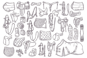 Collection equestrian equipment. Horse ammunition clothing for backgrounds, wallpapers, textile, postcards, t-shirt prints. Set elements for horses. Vector hand drawn style illustration.