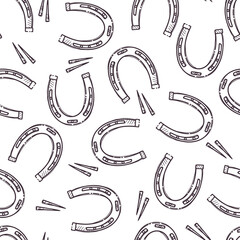 Horseshoes. Seamless pattern for wrapping, backgrounds, wallpapers, textile composition. Elements for horses. Vector hand drawn style illustration.