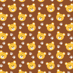 Seamless background pattern with paw and face of cute teddy bear