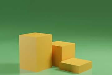 Fototapeta premium 3d rendering three yellow cube podium for product display, green background scene with geometrical forms.