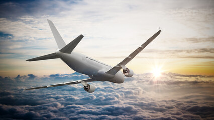 Commercial airplane in the sky flying above the clouds. 3D illustration
