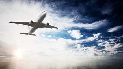 Fototapeta na wymiar Commercial airplane rising high in the sky. 3D illustration