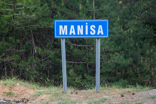Traffic city sign The symbol showing the province of Manisa in Turkey. Provincial border, city entrance sign.