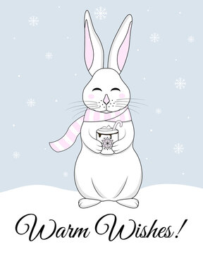 Cute cartoon bunny with hot cocoa mug sending warm wishes. Christmas card