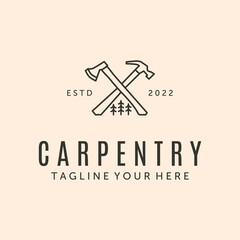 carpentry ax and hammer icon line art logo vector symbol illustration design