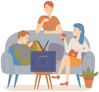 Group of friends drinking tea or coffee and talking. People spend time at home together sitting on couch. Cartoon characters relax and communicate in apartment. Friendship and joint pastime concept