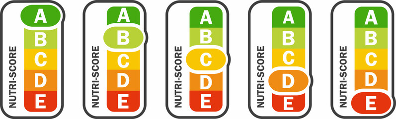 Nutri-score vertical icons set. Isolatad Nutriscore stickers for packaging on white background. Food rating system signs : A, B, C, D, E. Vector illustration. - obrazy, fototapety, plakaty