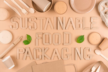 Sustainable food packaging concept - paper utensils, wooden cutlery set, paper cups, plates, bags...