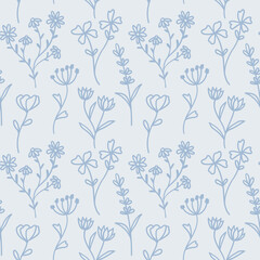 Blue floral vector pattern with hand drawn flower doodles