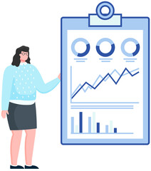 Analytics and development statistics. Web analysis measure, product testing technology. Woman analyses digital report. Statistical indicators and data on diagram. Graphic information visualization