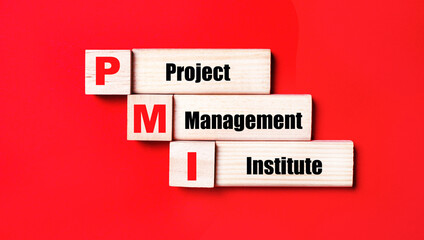 On a bright red background, wooden cubes and blocks with the text PMI Project Management Institute. Manufacturing of wooden toys.