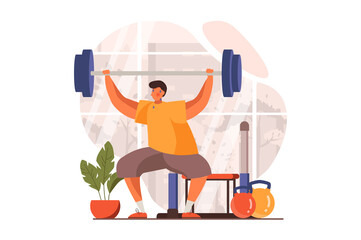 Fototapeta Fitness web concept in flat design. Man does strength exercises with barbell in gym and other equipment. Athlete is engaged in bodybuilding and weightlifting. Illustration with people scene obraz