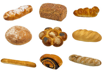 Large bread, baguettes and buns collection. Top view on beige background, long panoramic composition