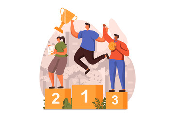 Happy competition champions web concept in flat design. Winners stand on pedestal and receive cup, medal, certificate. Victory celebration and goals achievement. Illustration with people scene