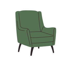 Trendy retro-styled armchair design. Modern mid-century arm chair with upholstered armrests, seat, high back. Cozy soft lounge furniture. Colored flat vector illustration isolated on white background