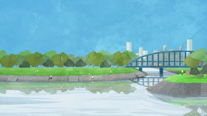 Küchenrückwand glas motiv 橋の架かる川沿いの風景手書き水彩風イラスト © Ko hamari
