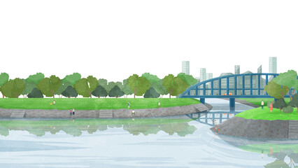 橋の架かる川沿いの風景手書き水彩風イラスト