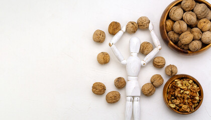 Walnut. concept idea in the human brain. Thinking. Vitamins for the brain, copy space