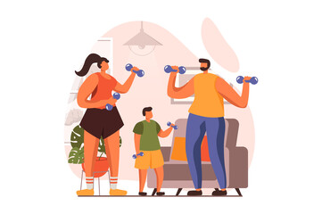 Healthy families web concept in flat design. Happy father, mother and son doing exercises with dumbbell. Parents and child training together at living room. Illustration with people scene