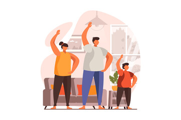 Healthy families web concept in flat design. Happy father, mother and son doing morning exercises together in living room. Parents and child at sports training. Illustration with people scene