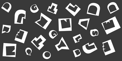 Various Black and White Randomly Placed, Sized and Oriented Art Deco Style Bold Letters Pattern - Texture on Dark Wide Scale Background, Design Element for Web or Book Covers in Editable Vector Format