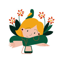 A young girl listens to psychological counseling through a gadget to find a way out of situations. Emotions of calm and confidence after and during treatment, the concept of the flowering of strength