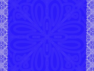 Horizontal illustration with borders and copyspace, vivid blue background with ornamental shapes and space for text