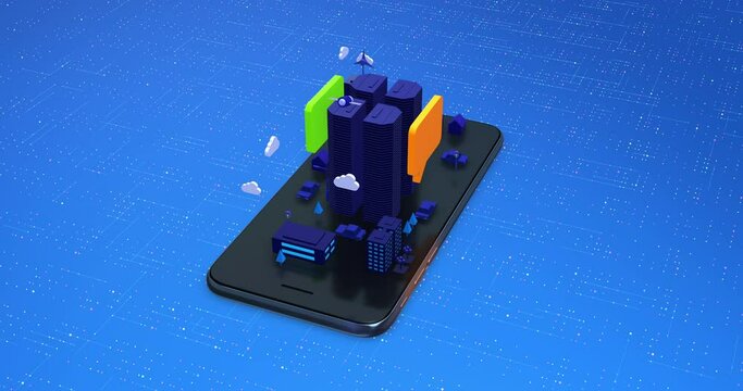Isometric 3D Futuristic Smart City On Smart Phone. Online Chat Symbol. Night Time. Technology Related 3D 4K Motion Graphics.