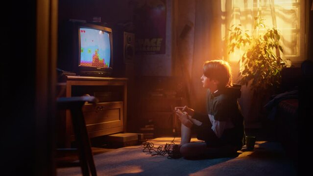 Young Boy Playing Eighties Eight Bit Arcade Video Game on a Console at Home in His Room with Old-School Interior. Child Successfully Wins the Level. Nostalgic Retro Childhood Concept.
