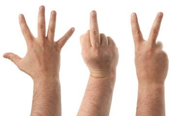 Hand signs: Five fingers, Fuck sign and Victory. Isolated on white background with clipping path