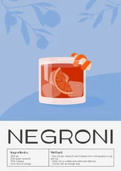 Foto op Plexiglas Contemporary poster of Negroni cocktail with orange slice and citrus peel. Classic italian alcoholic beverage recipe. Drink in old fashioned glass with ice. Trendy retro placard. Vector illustration. © millering