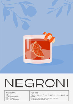 Contemporary poster of Negroni cocktail with orange slice and citrus peel. Classic italian alcoholic beverage recipe. Drink in old fashioned glass with ice. Trendy retro placard. Vector illustration.