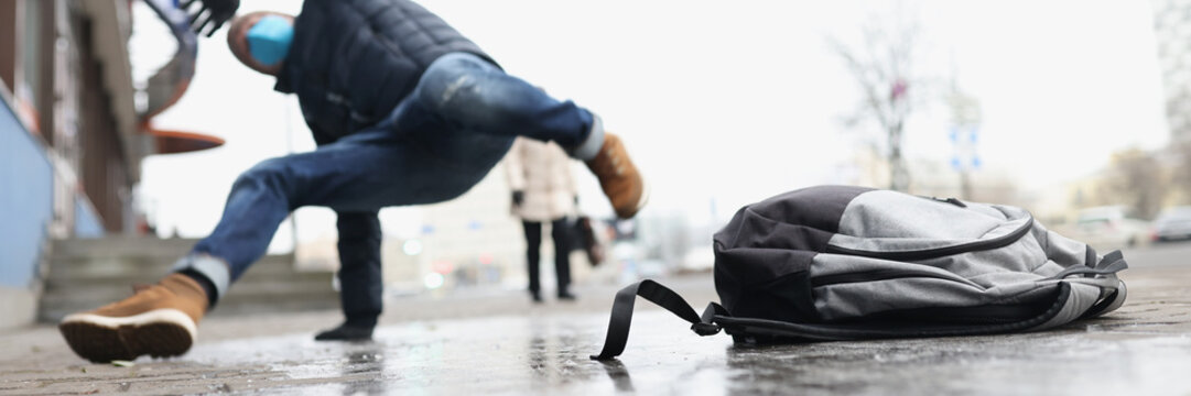 Male Person Get Injury After Falling On Slippery Ground In Winter