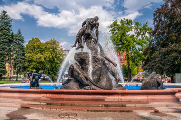 Fountain Potop in the park in Bydgoszcz, Kuyavian-Pomeranian Voivodeship, Poland - obrazy, fototapety, plakaty