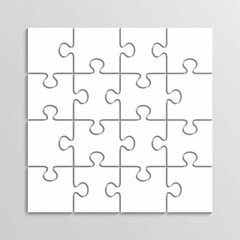 Square puzzle pieces 4x4 grid. Modern background with 16 separate shapes. Jigsaw outline grid. Scheme of thinking game. Mosaic silhouette. Cutting template. Simple frame tiles. Vector