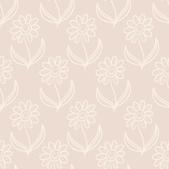 seamless pattern with daisy tulip flowers hand drawn doodle style