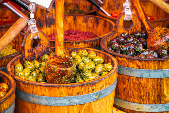 Assortment Of Marinated Olives On Display At Broadway Market In Hackney, East London