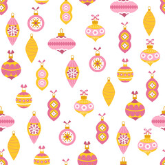 Seamless pattern of Christmas balls. Vector hand-drawn illustration of retro decorations for the holidays. Cute Pastel Palette.