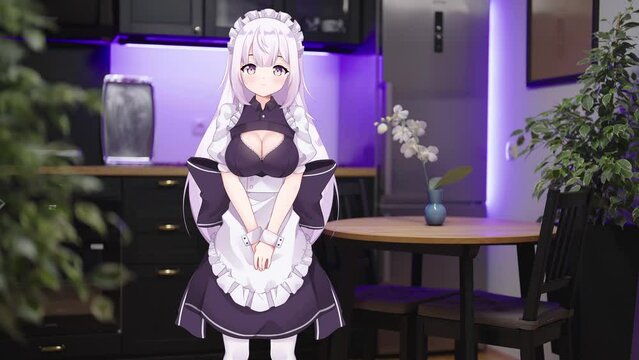 Cute 2D anime girl maid housewife in real life kitchen pose 4K