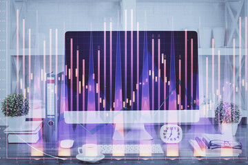 Forex graph hologram on table with computer background. Double exposure. Concept of financial markets.