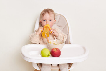 Indoor shot of charming toddler baby girl dresses in beige jumper sitting in high chair, feeling...