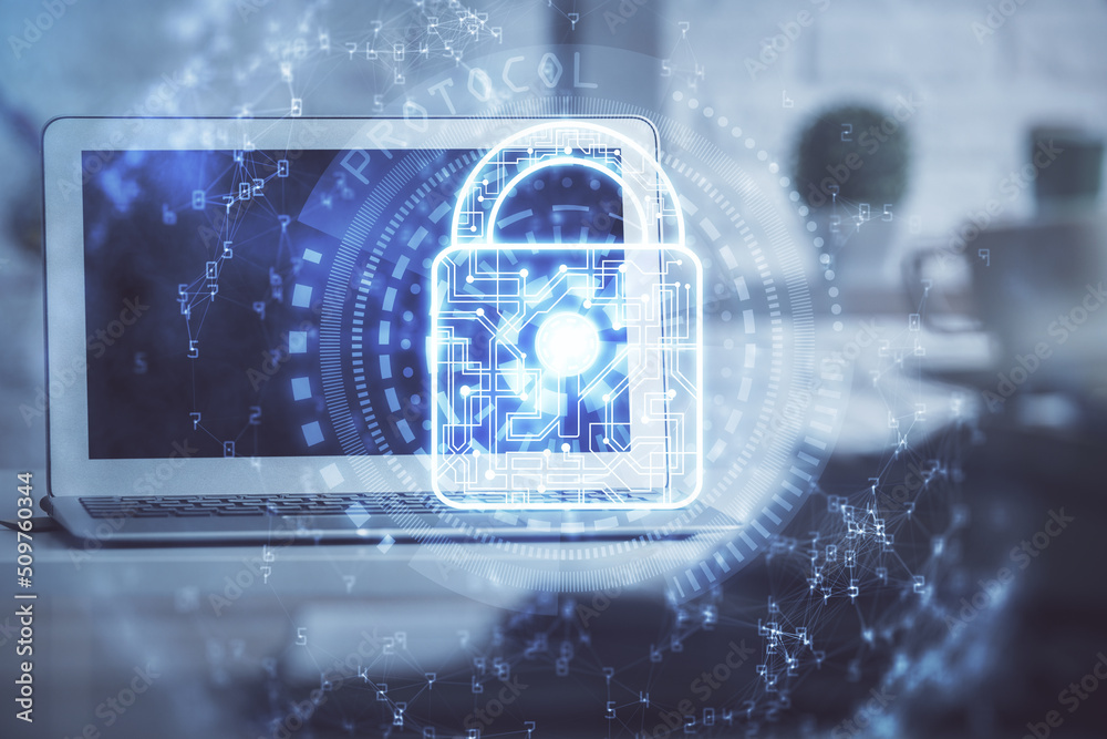 Poster Double exposure of desktop with computer and lock icon hologram. Concept of data safety.
