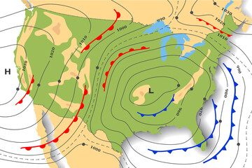 Forecast weather map of America. Topography map with geography landforms and elevation. Template of synoptic map with movement fronts cyclone and anticyclone wind in graphic chart, isobar, temperature - obrazy, fototapety, plakaty