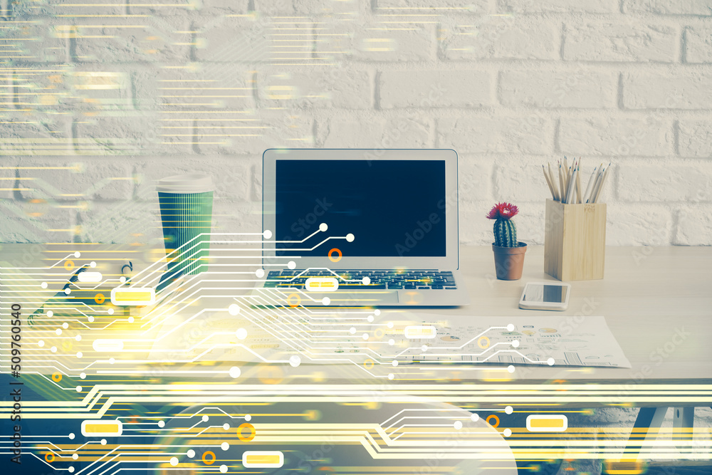 Poster Double exposure of desktop computer and technology theme hologram. Concept of software development.