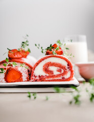 strawberry roll sweet dessert with whipped cream summer tasty cake