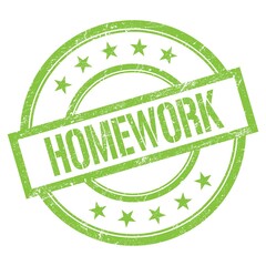 HOMEWORK text written on green vintage stamp.