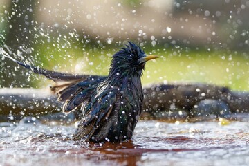 The starling bathes in the water of a bird watering hole. He sprays water. Backlight. Czechia....