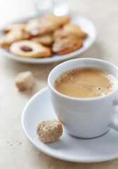 Cup of Coffee on bright stone background. Close up.	