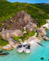 Anse Source d'Argent beach, La Digue Island, Seyshelles, Drone aerial view of La Digue Seychelles...