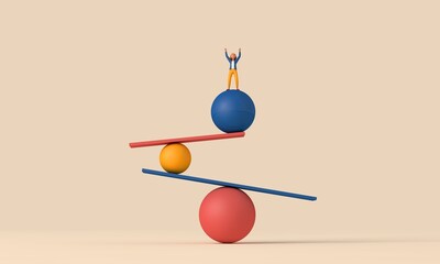 A female character balancing on unstable shapes. 3D Rendering